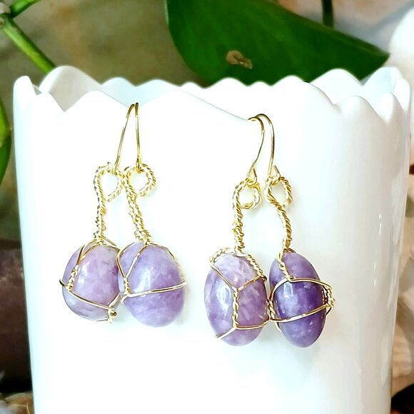 Gold Wire Wrapped Lepidolite Crystal Dangle Earrings - Hypoallergenic, 1.75" - Picture 1 of 5